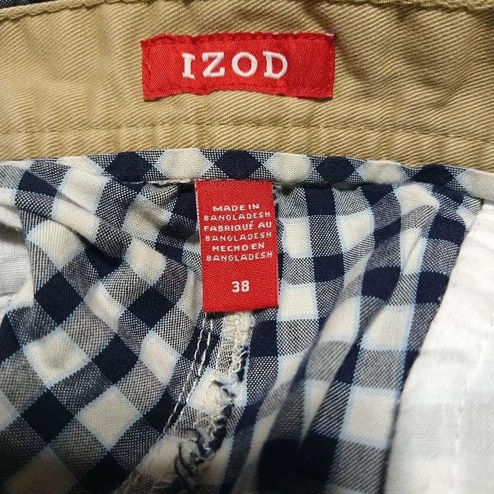 IZOD Chino Shorts Men 38/10 Navy Gingham Preppy College Lightweight Classic